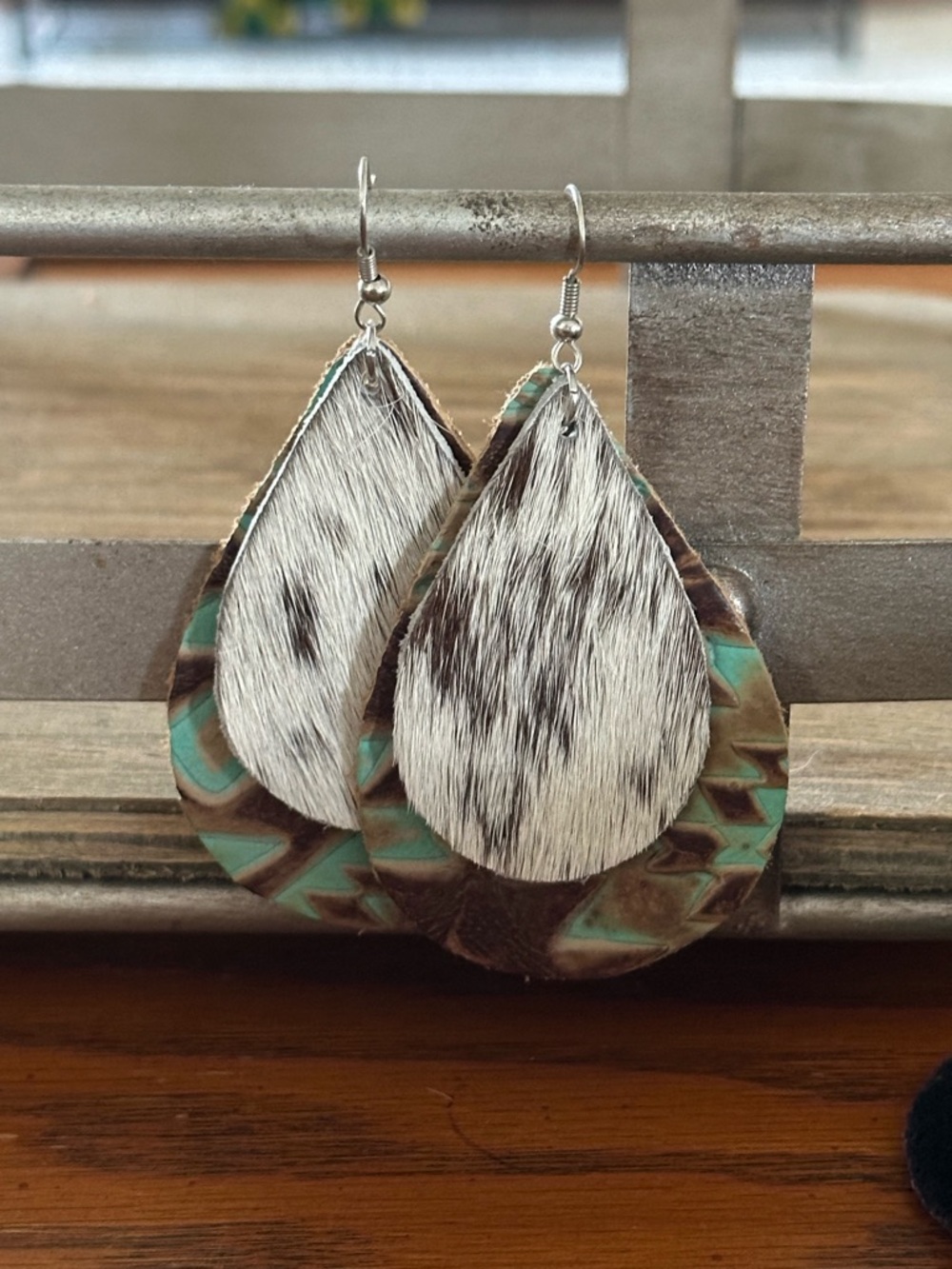 Cowhide Teardrop Layered Earrings with Turquoise Pattern